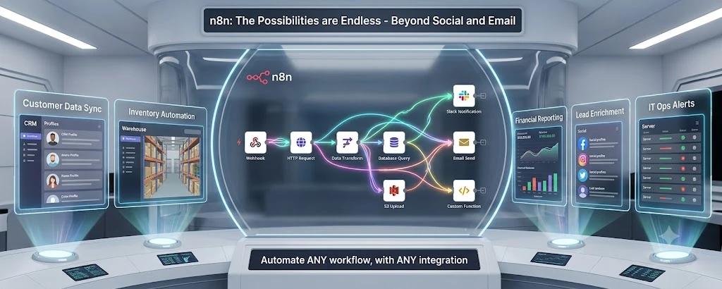 n8n automating workflows beyond social and email — webhooks, HTTP requests, database queries, S3 uploads and custom functions feeding Slack notifications and email