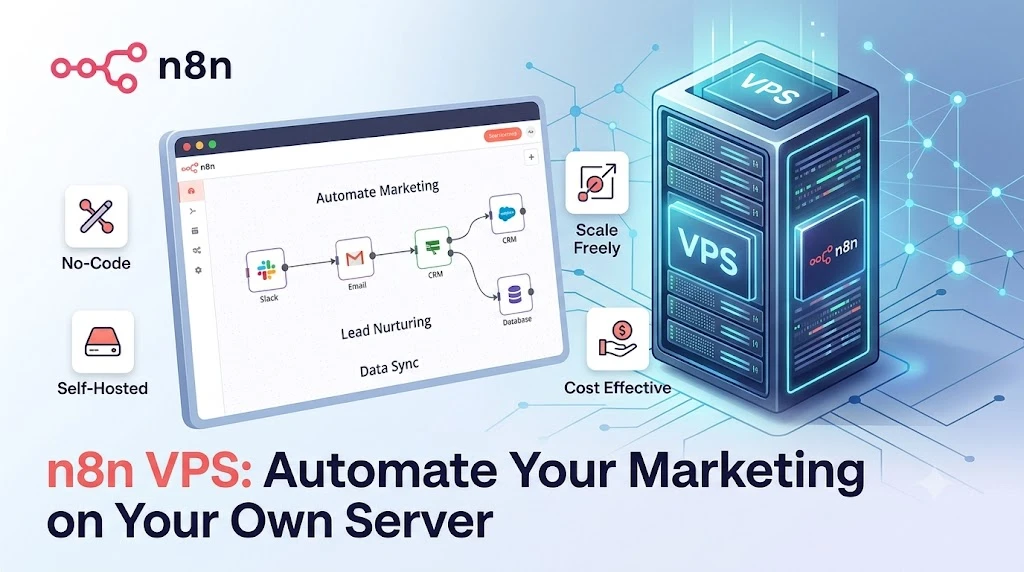 n8n VPS marketing automation workflow: Slack, Email, CRM and Database nodes connected in n8n's editor, deployed on a TOSHOST VPS