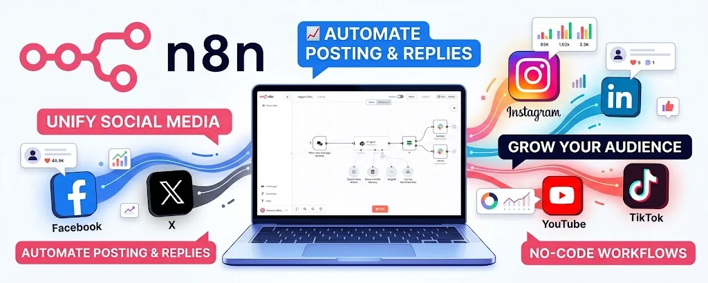 n8n workflow automating social media posting and replies across Facebook, X, Instagram, LinkedIn, YouTube and TikTok