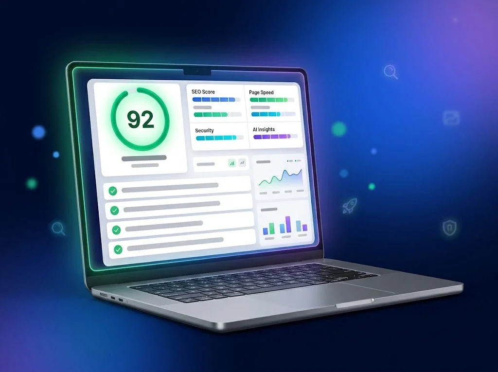 Website Analyzer report preview showing an overall score, SEO, speed, security and AI insight breakdowns