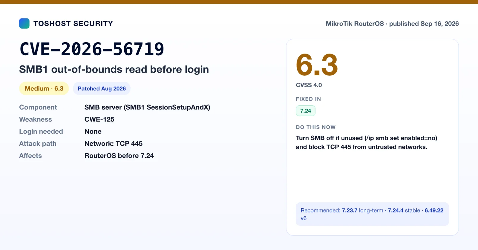 CVE-2026-56719 summary card: RouterOS SMB1 out-of-bounds read before login, fixed in 7.24