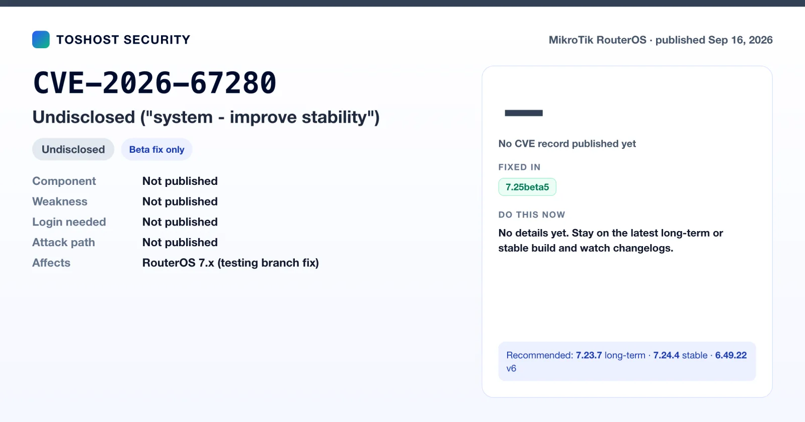CVE-2026-67280 summary card: undisclosed RouterOS issue, fixed only in 7.25beta5 so far