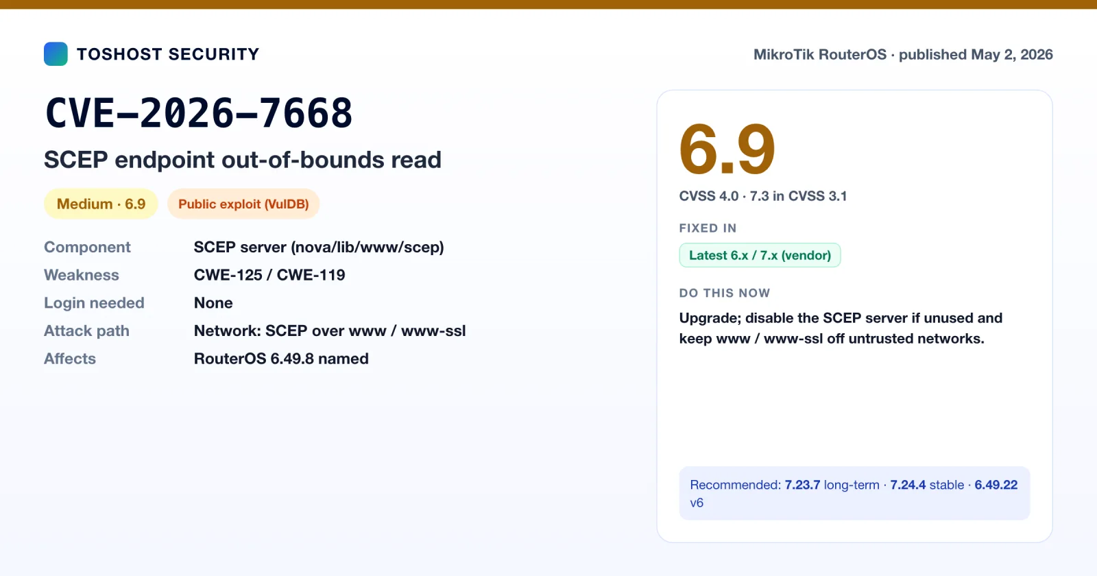 CVE-2026-7668 summary card: RouterOS SCEP endpoint out-of-bounds read, public exploit per VulDB